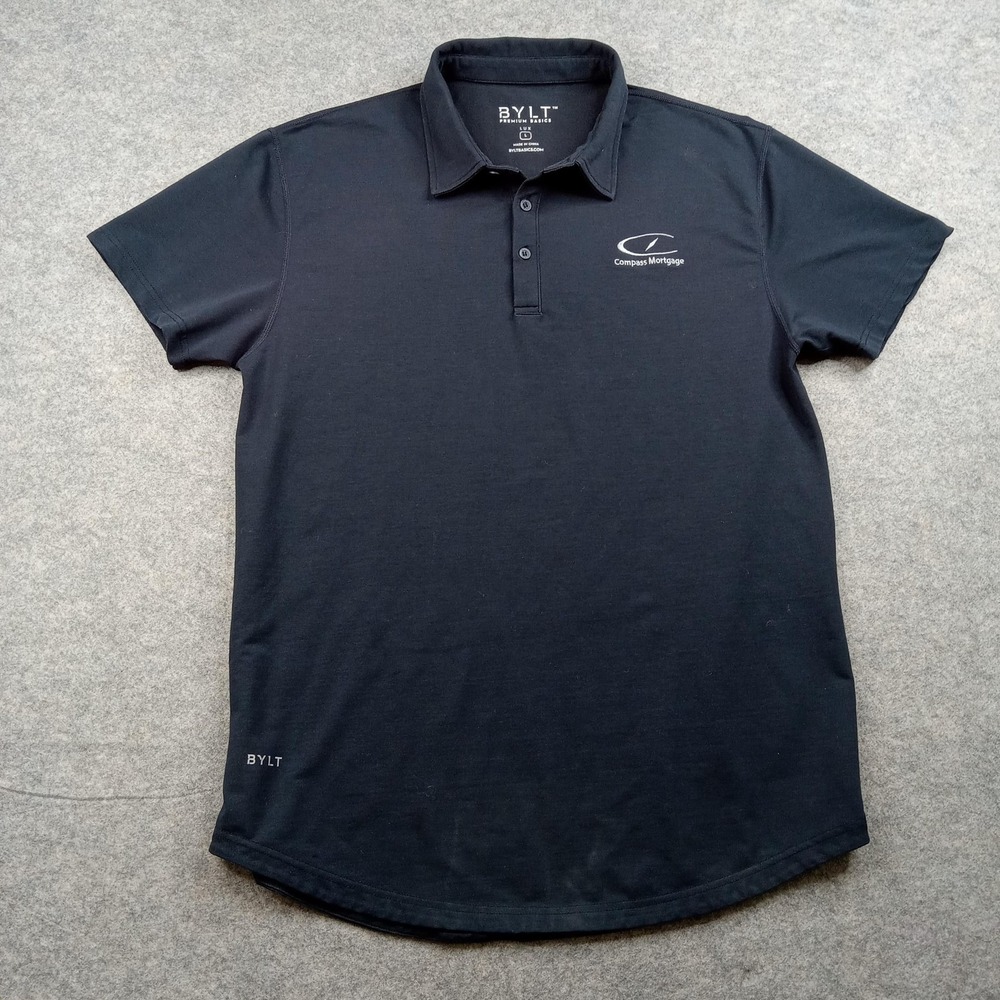 BYLT Lux Polo Shirt Mens Large Black Work Employee Company Logo Golf Curved Hem